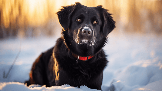 一只黑狗正坐在雪地里