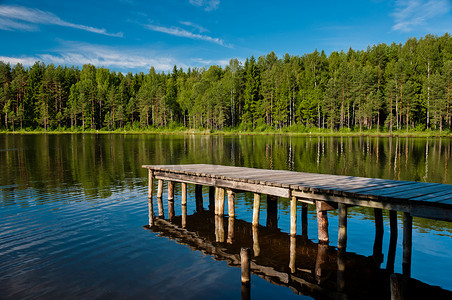 湖面的光摄影照片_有森林场面的木码头