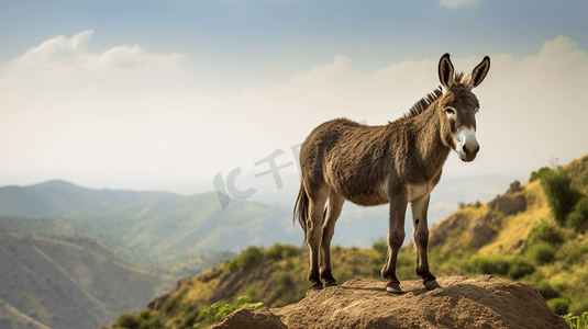 一头驴站在多岩石的山坡上