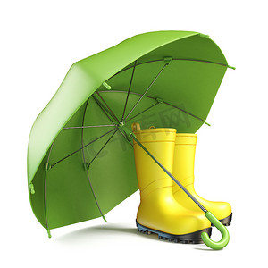 一双黄色雨靴和一把绿色雨伞 3D