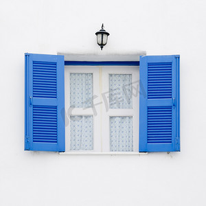 白村摄影照片_希腊风格窗户——蓝白窗