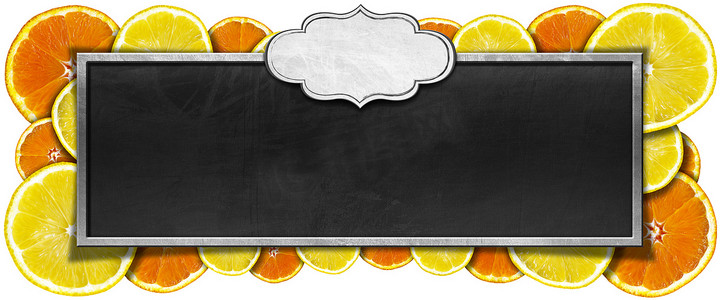 水果框摄影照片_带水果框和标签的黑板
