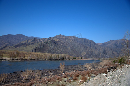 卡卡通摄影照片_卡吞河 (Katun River) 流过阿尔泰山脚下碧绿的河水。