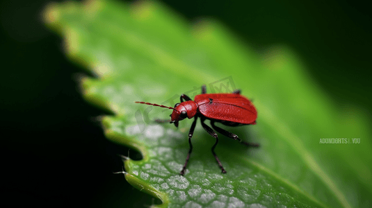 绿叶上一只红色小昆虫的特写