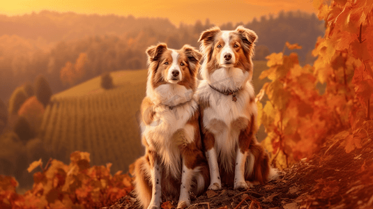 一对狗站在一片树叶覆盖的田野上