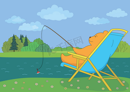 卡通湖摄影照片_泰迪熊在森林河流中钓鱼