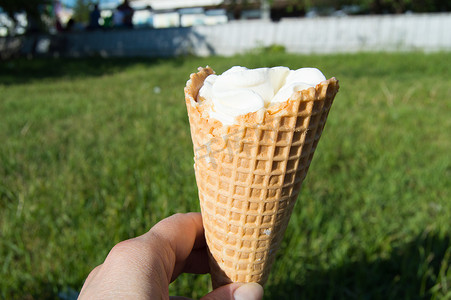 在模糊的草地背景下的华夫蛋筒冰淇淋。