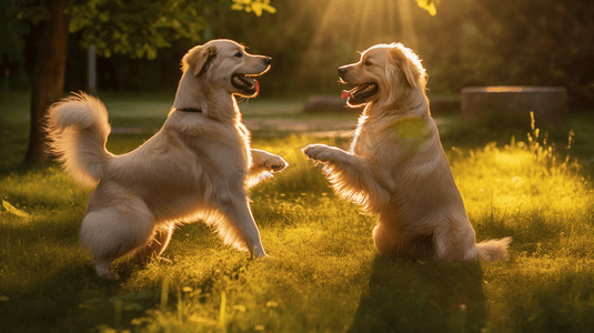 两只狗在草地上玩