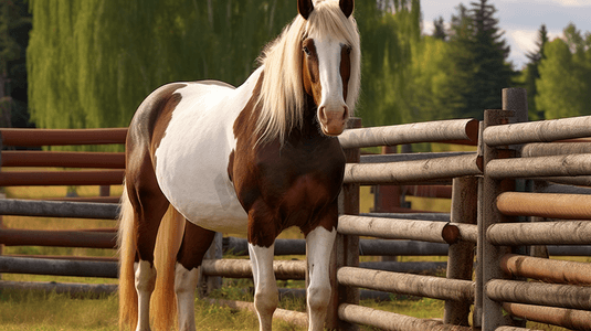 站在木栅栏旁的一匹棕白相间的马