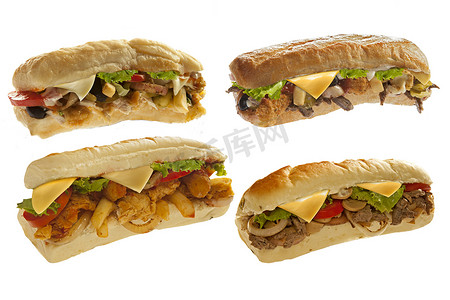 sticks摄影照片_Mighty sub sandwich hoagie with mozarella sticks french fries lo