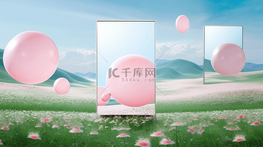 粉色气球背景图片_创意风景镜子和气球展台
