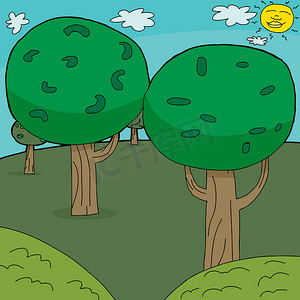 卡通手绘森林摄影照片_卡通树背景