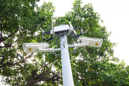 绿色森林附近的两个安全监控摄像头