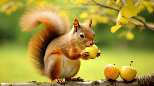 黄色动物摄影照片_吃黄色水果的棕色松鼠