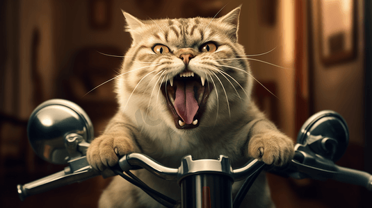 暴力摩托摄影照片_一只猫坐在摩托车上打哈欠