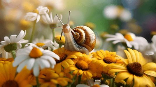 一只蜗牛坐在一束白黄相间的花上