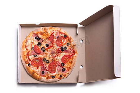 比萨片摄影照片_盒装火腿和西红柿的美味比萨