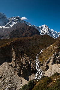 喜马拉雅山景观：溪流和积雪的山峰