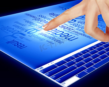 蓝色科技数字摄影照片_触摸蓝色电脑屏幕的手指
