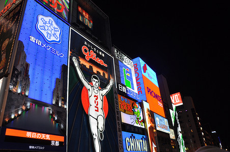 日本大阪 — 10 月 23 日：格力高人跑步广告牌和其他