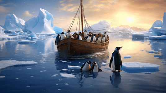 一群企鹅和一艘船在水体中