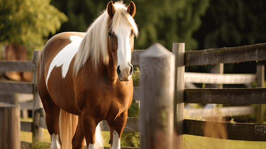 站在木栅栏旁的一匹棕白相间的马