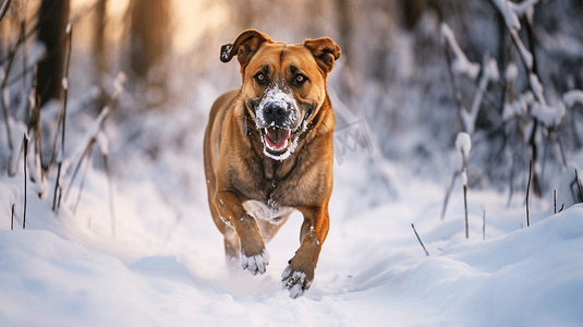 雪地里玩耍摄影照片_一只棕色的狗在雪地里玩耍