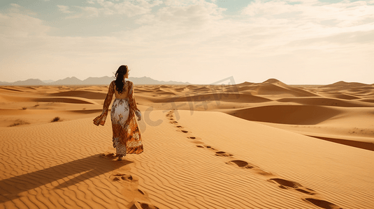 一个女人行走在沙漠上