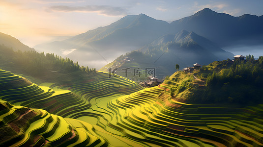 阳光绿色背景背景图片_梯田风光写实背景