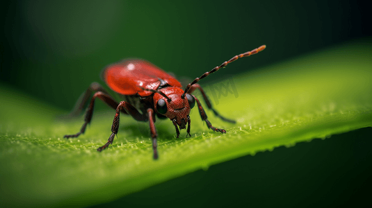 绿叶上一只红色小昆虫的特写