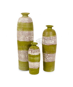 白色隔离的三种尺寸的绿色粘土花瓶
