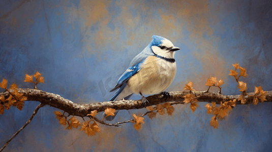 蓝白渐变边框摄影照片_棕色树枝上的蓝白相间的鸟