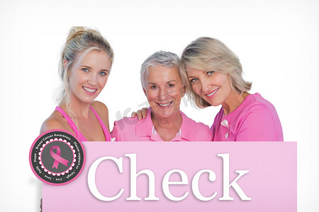 30岁的年纪摄影照片_穿着粉红色上衣和丝带治疗乳腺癌的快乐女性的合成图像