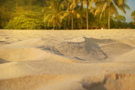 海洋模糊摄影照片_模糊沙子、棕榈树和热带海滩散景背景、暑假和旅游概念。