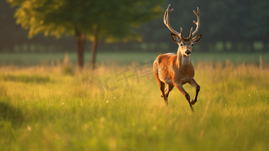 棕鹿在草地上奔跑