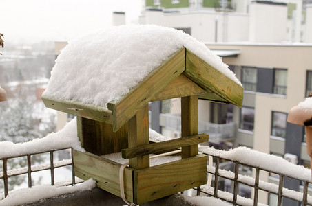 雪屋顶摄影照片_木制小房子小鸟丰富的雪屋顶