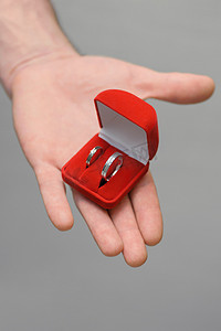 礼物盒子打开摄影照片_手上打开盒子里的两个结婚戒指