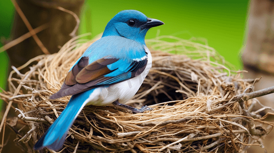蓝白渐变边框摄影照片_棕色鸟巢上的蓝白相间的鸟