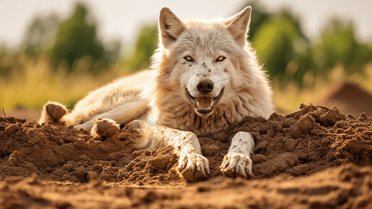 一只白狼躺在一堆泥土上