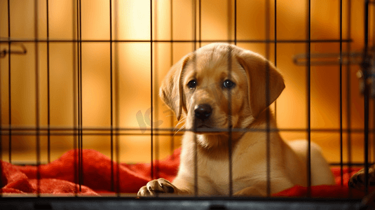一只坐在笼子里的狗