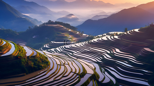 阳光绿色背景背景图片_梯田风光写实背景