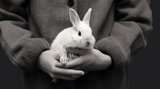 黑白兔摄影照片_抱着白兔和黑兔的人