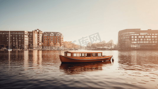 白天在城市建筑物附近的水上航行的棕色小船