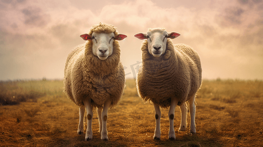 两只羊靠在一起站在一起