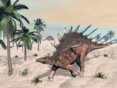 沙漠中的 Kentrosaurus 恐龙 — 3D 渲染