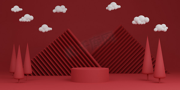 红色最小抽象背景圆柱讲台几何形状，产品舞台。 