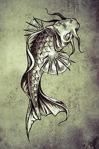 纹身艺术素描，日本金鱼