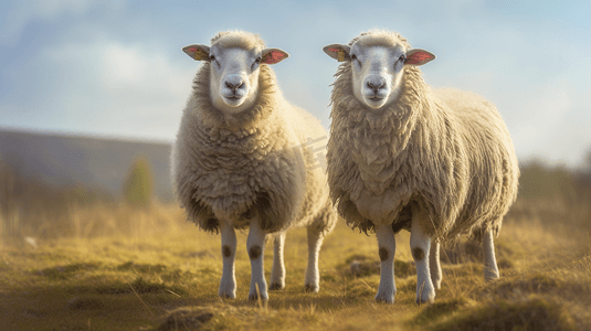 两只羊靠在一起站在一起