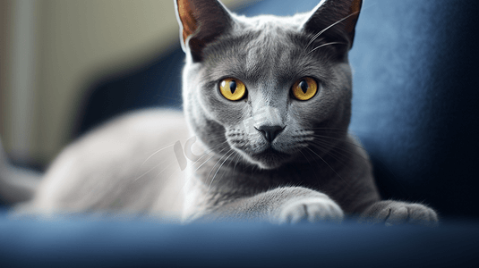 坐在灰色沙发上的俄罗斯蓝猫