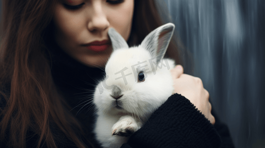 黑白兔摄影照片_抱着白兔和黑兔的人